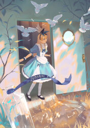Rule 34 | 1girl, alice (alice in wonderland), alice in wonderland, bird, black footwear, blonde hair, blue dress, bottle, branch, dove, dress, english text, frilled cuffs, frilled dress, frills, highres, long hair, looking afar, mary janes, open door, open mouth, pinafore dress, puffy short sleeves, puffy sleeves, shoes, short sleeves, sleeveless, sleeveless dress, socks, solo, wakuseiy, white socks, wrist cuffs