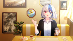 Rule 34 | 1girl, bad id, bad pixiv id, black jacket, blue eyes, blue hair, cake, cake slice, collared shirt, commission, couch, cup, dress shirt, food, fork, formal, hands up, heterochromia, highres, jacket, knife, mamel 27, multicolored hair, musical note earrings, on couch, open clothes, open jacket, open mouth, original, red eyes, saucer, shirt, sitting, solo, spoon, suit, table, tea, teacup, treble clef, two-tone hair, upper body, white hair, white shirt