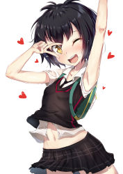 Rule 34 | 1girl, ;d, armpits, backpack, bag, black hair, black skirt, blush, brown eyes, collarbone, female focus, heart, looking at viewer, looking to the side, marvel, nakatokung, navel, necktie, one eye closed, open mouth, peni parker, shirt, simple background, skirt, smile, solo, spider-man: into the spider-verse, spider-man (series), spider-verse, stomach, teeth, upper teeth only, v, v over eye, white background, white shirt, white sleeves, wink