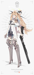 Rule 34 | 1girl, aqua eyes, bare shoulders, blonde hair, breasts, commission, doll joints, dress, gun, halo, highres, holding, holding gun, holding weapon, joints, leg armor, looking at viewer, mechanical halo, medium breasts, original, see-through, skeb commission, smile, solo, symbol-shaped pupils, weapon, white dress, zenmaibook