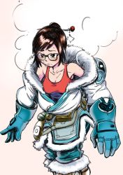 Rule 34 | 1girl, absurdres, beads, collarbone, commentary, cowboy shot, frown, fur collar, fur trim, glasses, gloves, hair bun, hair ornament, hair stick, hairpin, highres, hot, mei (overwatch), monochrome background, nakahara kaihei, nakahara keihei, overwatch, overwatch 1, single hair bun, solo, steam, sweat, tank top, traditional media
