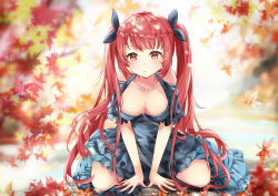 Rule 34 | 1girl, arm support, autumn leaves, azur lane, between legs, black ribbon, blue dress, blurry, blurry background, blurry foreground, breasts, brown eyes, casual, cleavage, closed mouth, clothing cutout, collarbone, depth of field, dress, hair ribbon, hand between legs, highres, honolulu (azur lane), large breasts, leaf, long hair, looking at viewer, maple leaf, mutang, red hair, ribbon, shoulder cutout, sitting, solo, twintails, very long hair, wariza