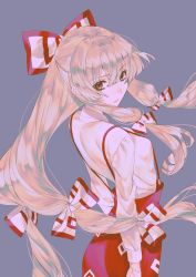Rule 34 | 1girl, bow, buttons, collared shirt, female focus, from behind, fujiwara no mokou, hair bow, highres, hime cut, long hair, long sleeves, looking at viewer, looking back, ofuda, ofuda on clothes, pants, red eyes, red pants, shirt, sidelocks, silver hair, simple background, solo, suspenders, touhou, urushimaru0701, very long hair, white background, white bow, white shirt