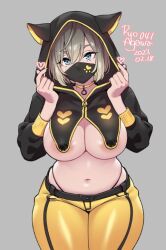 Rule 34 | 1girl, agawa ryou, areola slip, artist name, belt, black belt, blonde hair, blue eyes, breasts, choker, crop top, curvy, dated, finger heart, grey background, hair between eyes, heart, hood, hood up, large breasts, long sleeves, looking at viewer, mask, mouth mask, navel, numbered, original, pants, signature, simple background, solo, stomach, thick thighs, thighs, wide hips, yellow pants