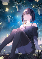 Rule 34 | 1girl, arm support, bad id, bad pixiv id, bare shoulders, black dress, black hair, black thighhighs, breasts, brown eyes, closed mouth, collarbone, commentary request, dress, earrings, feet out of frame, hair between eyes, highres, jewelry, knees together feet apart, knees up, koh rd, light smile, looking away, no shoes, off-shoulder dress, off shoulder, original, outdoors, short hair, sitting, small breasts, solo, stud earrings, thighhighs