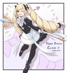 Rule 34 | 1girl, absurdres, alternate costume, apron, black dress, blonde hair, character name, cosplay, dated, dress, drill hair, earrings, elise (fire emblem), felicia (fire emblem), felicia (fire emblem) (cosplay), fire emblem, fire emblem fates, happy birthday, highres, holding, holding staff, jewelry, kyl490, looking at viewer, maid, maid apron, maid headdress, multicolored hair, nintendo, one eye closed, purple eyes, purple hair, solo, staff, streaked hair, twin drills, twintails