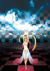 Rule 34 | 1girl, absurdres, anklet, armpits, arms up, barefoot, bikini, blonde hair, checkered background, checkered floor, cloud, dancer, feet, floor, highres, jewelry, legs, lips, long hair, looking at viewer, multicolored hair, necklace, original, perspective, ribbon, ribs, sash, see-through, skirt, sky, solo, surreal, swimsuit, thigh gap, tiles, white bikini, yoshihiro