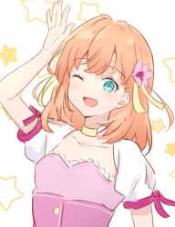 Rule 34 | 1girl, ;d, absurdres, aqua eyes, arm at side, arm up, choker, collarbone, cosplay, crossed bangs, dress, flower, hair flower, hair ornament, hair ribbon, highres, hinoshita kaho, idolmaster, idolmaster (classic), link! like! love live!, love live!, medium hair, one eye closed, open mouth, orange hair, pink dress, pink flower, puffy short sleeves, puffy sleeves, rabbit pose, ribbon, short sleeves, smile, solo, star (symbol), starry background, two side up, underbust, upper body, virtual youtuber, white background, white sleeves, yellow choker, yellow ribbon, yutuki ame