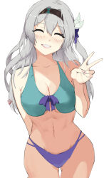 Rule 34 | 1girl, :d, absurdres, arm behind back, bikini, black hairband, blue ribbon, blush, bow, breasts, cleavage, closed eyes, collarbone, commentary, cowboy shot, facing viewer, firefly (honkai: star rail), gluteal fold, grey hair, grin, hair bow, hair ribbon, hairband, hand up, highres, honkai: star rail, honkai (series), kagurachi, large breasts, legs together, long hair, one side up, open mouth, purple bikini, ribbon, sidelocks, simple background, smile, solo, swimsuit, teeth, thick thighs, thigh gap, thighs, two-tone bikini, v, white background