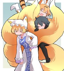 Rule 34 | &gt; &lt;, 3girls, animal ears, baka-man, black gloves, black legwear, blonde hair, blush, character request, check character, commentary request, dress, closed eyes, fluffy, fox ears, fox tail, frilled sleeves, frills, gloves, highres, kaban (kemono friends), kemono friends, long sleeves, multiple girls, multiple tails, no headwear, no headwear, no shoes, pantyhose, print legwear, serval (kemono friends), serval print, serval tail, short hair, sparkle, sweatdrop, tail, thighhighs, touhou, white dress, white headwear, yakumo ran, yellow eyes