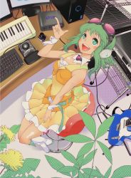 Rule 34 | 1girl, :d, purple gemstone, anklet, bare shoulders, belt, blush, boots, buttons, cable, collarbone, computer, electric guitar, fender telecaster, flower, from above, gem, green eyes, green hair, green nails, guitar, gumi, headphones, headset, highres, hobby (kento), index finger raised, ink bottle, instrument, jewelry, keyboard, keyboard (instrument), leaf, looking at viewer, matching hair/eyes, monitor, nail polish, neck ring, open mouth, orange skirt, orange vest, plant, screen, short hair, sitting, skirt, sleeveless, smile, solo, table, vest, vocaloid, white footwear, wrist cuffs