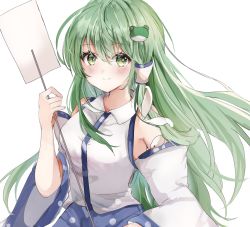 Rule 34 | 1girl, bare shoulders, blue skirt, blush, breasts, detached sleeves, frog hair ornament, gohei, green eyes, green hair, hair ornament, hair tubes, hand up, highres, holding, holding stick, kochiya sanae, large breasts, long hair, maruro, shirt, simple background, skirt, smile, snake hair ornament, solo, stick, touhou, upper body, very long hair, white background, white shirt, wide sleeves