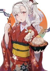 Rule 34 | 1girl, absurdres, baidao, chopsticks, cowboy shot, earrings, floral print, flower, food, grey hair, hair flower, hair ornament, hairpin, highres, holding, holding chopsticks, holding food, idolmaster, idolmaster (classic), japanese clothes, jewelry, kimono, long hair, looking at viewer, noodles, obi, open mouth, pink eyes, ponytail, ramen, red kimono, sash, shijou takane, solo, wide sleeves