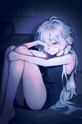 Rule 34 | 1girl, bare arms, bare legs, closed mouth, couch, dark room, dim lighting, full body, grey eyes, gundam, gundam suisei no majo, hair between eyes, hair over one eye, hand on own knee, hand over eye, highres, knees up, legs, long hair, looking at viewer, messy hair, miorine rembran, mwoji, sad, short shorts, shorts, sleeveless, solo, tank top, thighs, white hair, window blinds