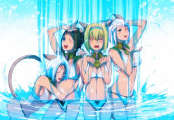 Rule 34 | 00s, 10s, 4girls, animal ears, blonde hair, final fantasy, final fantasy xi, final fantasy xiv, green hair, highres, miqo&#039;te, mithra (ff11), multiple girls, one eye closed, open mouth, smile, tail, takatsuki kahiro, water, wet, wink