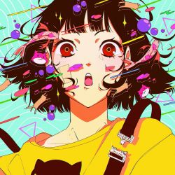 Rule 34 | 1girl, birthday wonderland, blunt bangs, bubble, cat, fish, floating, highres, looking at viewer, open mouth, red eyes, shadow, shirt, short hair, solo, sparkle, triangle, upper body, vinne, yellow shirt