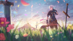 Rule 34 | 1boy, black gloves, blurry, blurry foreground, cat, dawn, field, gloves, grass, green eyes, highres, indie virtual youtuber, karuma (vtuber), lens flare, looking afar, male focus, outdoors, pants, planted, planted sword, planted weapon, sakumichi, short hair, solo, sword, virtual youtuber, walking, weapon, white hair