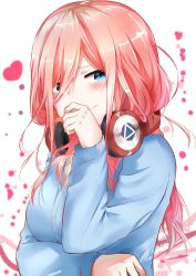 Rule 34 | 1girl, blue cardigan, blue eyes, blush, breasts, cardigan, closed mouth, covering own mouth, go-toubun no hanayome, hair between eyes, hand over own mouth, headphones, headphones around neck, long hair, long sleeves, looking at viewer, looking to the side, medium breasts, nakano miku, pink hair, shirt, solo, sunhyun, upper body, white shirt