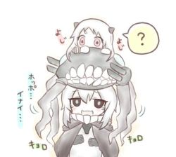 Rule 34 | 10s, 2girls, ?, abyssal ship, brown eyes, commentary request, gloves, hand on head, headgear, horns, jako (jakoo21), kantai collection, long hair, lowres, multiple girls, northern ocean princess, on head, person on head, red eyes, short hair, tears, translation request, wo-class aircraft carrier