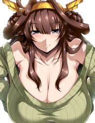 Rule 34 | 1girl, ahoge, breasts, brown hair, cleavage, collarbone, double bun, green sweater, hair bun, hairband, hands on own hips, headgear, huge breasts, kantai collection, kongou (kancolle), long hair, purple eyes, simple background, sleeves past wrists, smile, solo, sweater, tsukasawa takamatsu, white background