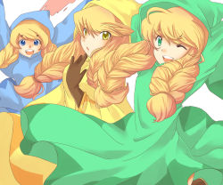 Rule 34 | 2003204, 3girls, blonde hair, blue eyes, female focus, final fantasy, final fantasy tactics, green eyes, hood, long hair, multiple girls, one eye closed, open mouth, robe, twintails, white mage, white mage (fft), white mage (final fantasy), wink, yellow eyes