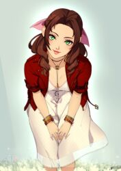 Rule 34 | 1girl, aerith gainsborough, bracelet, breasts, brown hair, cleavage, closed mouth, commentary, cropped jacket, dress, eightyfourart, english commentary, final fantasy, final fantasy vii, forehead, green eyes, hair ribbon, highres, jacket, jewelry, lips, long hair, medium breasts, open clothes, open jacket, patreon username, pink dress, pink lips, pink ribbon, red jacket, ribbon, short sleeves, sidelocks, signature, smile, solo, wavy hair, white background