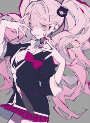 Rule 34 | 1girl, absurdres, bear hair ornament, bow, breasts, cleavage, commentary request, danganronpa: trigger happy havoc, danganronpa (series), enoshima junko, fingernails, hair ornament, highres, long fingernails, long hair, looking at viewer, mochizuki kei, nail polish, necktie, pink hair, pleated skirt, red nails, school uniform, skirt, sleeves rolled up, solo, twintails, underwear