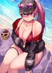 Rule 34 | 1girl, absurdres, bikini, black hat, breasts, cleavage, closed mouth, collarbone, feet out of frame, hair between eyes, hat, heterochromia, high ponytail, highres, hololive, houshou marine, houshou marine (summer), large breasts, long hair, long sleeves, looking at viewer, o-ring, o-ring thigh strap, pink hair, red bikini, red eyes, rock, shadow, sitting, sitting on rock, skindentation, solo, straight hair, swimsuit, tajyador, thick thighs, thigh strap, thighs, virtual youtuber, yellow eyes
