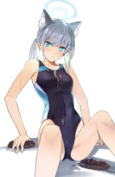 Rule 34 | 1girl, animal ear fluff, animal ears, black one-piece swimsuit, blue archive, blue eyes, breasts, cat ears, commentary request, competition swimsuit, covered navel, cross hair ornament, earrings, grey hair, hair ornament, halo, highleg, highleg swimsuit, highres, jewelry, ningen (ningen96), one-piece swimsuit, sexually suggestive, shiroko (blue archive), shiroko (swimsuit) (blue archive), short hair, simple background, small breasts, solo, suggestive fluid, swimsuit