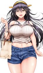 Rule 34 | 1girl, bag, bare shoulders, black hair, blush, breasts, collarbone, denim, hair ornament, hairband, hairclip, hamaguri (hamaguri1234), haruna (kancolle), headgear, highres, holding, kantai collection, large breasts, long hair, looking at viewer, midriff, midriff peek, navel, open mouth, short shorts, shorts, simple background, sleeveless, smile, solo, white background, yellow eyes