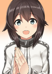Rule 34 | 10s, 1girl, :d, blush, brown hair, commentary request, gradient background, grey eyes, hair between eyes, hayasui (kancolle), highres, jacket, kamelie, kantai collection, long sleeves, looking at viewer, open mouth, orange background, own hands together, short hair, simple background, smile, solo, track jacket, upper body, white jacket, zipper pull tab