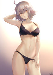 Rule 34 | 1girl, ahoge, arm behind head, bare shoulders, black bra, black panties, blush, bra, breasts, cleavage, collarbone, commentary request, fate/grand order, fate (series), gradient background, hair between eyes, highres, jeanne d&#039;arc (fate), jeanne d&#039;arc alter (avenger) (fate), jeanne d&#039;arc alter (fate), lace, lace-trimmed bra, lace-trimmed panties, lace trim, large breasts, lingerie, looking at viewer, mashuu (neko no oyashiro), medium breasts, navel, open mouth, panties, panty tug, parted lips, pulling own clothes, short hair, sidelocks, signature, silver hair, skindentation, solo, thighs, tsurime, twitter username, underwear, underwear only, yellow eyes
