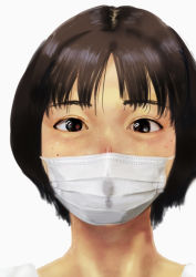 Rule 34 | 1girl, borusen, brown eyes, brown hair, clitoris slip, looking at viewer, mask, mouth mask, original, portrait, pussy, pussy peek, short hair, simple background, solo, surgical mask, wet spot, white background