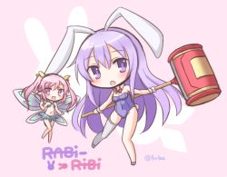 Rule 34 | 2girls, :d, :o, animal ears, blush, chibi, commentary, copyright name, detached collar, erina (rabi-ribi), fairy, fairy wings, fake animal ears, frr (akf-hs), hammer, leotard, long hair, looking at viewer, mini person, minigirl, multiple girls, open mouth, pink eyes, pink hair, playboy bunny, purple eyes, purple hair, rabbit ears, rabbit tail, rabi-ribi, ribbon (rabi-ribi), simple background, single thighhigh, smile, tail, thighhighs, twintails, twitter username, white legwear, wings, wrist cuffs