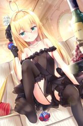 Rule 34 | 1girl, ahoge, albacore (azur lane), albacore (beneath the black dress) (azur lane), azur lane, black dress, black gloves, black thighhighs, blonde hair, blush, breasts, cleavage, closed mouth, collarbone, dress, dutch angle, flower, garter straps, gloves, green eyes, hair between eyes, hair flower, hair ornament, hairband, indoors, jewelry, long hair, looking at viewer, miso (misomiso 154), necklace, off-shoulder dress, off shoulder, rose, sideboob, sitting, sleeveless, sleeveless dress, small breasts, smile, solo, thighhighs, tongue, tongue out, very long hair, white flower, white hairband, white rose