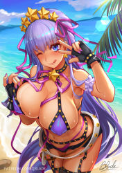 Rule 34 | 1girl, :q, arm garter, artist name, bb (fate), bb (fate) (all), bb (swimsuit mooncancer) (fate), bb (swimsuit mooncancer) (second ascension) (fate), beach, bikini, black garter belt, blush, breasts, covered erect nipples, day, earrings, fate/grand order, fate (series), fingerless gloves, garter belt, garter straps, gloves, hair ribbon, hairband, jewelry, large breasts, long hair, looking at viewer, micro shorts, nail polish, palm leaf, patreon username, purple bikini, purple eyes, purple hair, qblade, ribbon, shorts, signature, sky, smile, solo, star (symbol), star earrings, sweat, swimsuit, tan, tanline, thighhighs, tongue, tongue out, v, very long hair, watermark, web address
