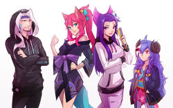 Rule 34 | 1boy, 3girls, ahoge, ahri (league of legends), alternate costume, beard, black pants, blue eyes, bow, breasts, cassiopeia (league of legends), cowboy shot, crossed arms, facial hair, green bow, grey background, hair bow, hood, hood down, hood up, hoodie, horns, jacket, japanese clothes, kimono, kindred (league of legends), lamb (league of legends), league of legends, looking at another, looking at viewer, medium breasts, multiple girls, open clothes, open jacket, pants, simple background, smile, spirit blossom (league of legends), spirit blossom ahri, spirit blossom cassiopeia, spirit blossom kindred, spirit blossom yasuo, vmat, yasuo (league of legends)