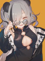 Rule 34 | 1girl, :d, animal ears, arknights, awa iro, black dress, black hair, black jacket, breasts, china dress, chinese clothes, cleavage, cleavage cutout, clothing cutout, commentary, dress, feater (arknights), grey hair, hair over one eye, hand up, highres, jacket, large breasts, long hair, looking at viewer, looking over eyewear, multicolored hair, off shoulder, one-hour drawing challenge, open clothes, open jacket, open mouth, orange eyes, panda ears, simple background, sleeveless, sleeveless dress, smile, solo, streaked hair, sunglasses, twintails, upper body, yellow background