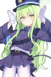 Rule 34 | 1girl, absurdres, armband, belt, black belt, blue archive, buttons, cropped jacket, demon tail, double-breasted, earrings, frown, gloves, green hair, green halo, hair between eyes, halo, hands up, hat, hikari (blue archive), highres, hikari (blue archive), jacket, jewelry, kepi, long hair, looking at viewer, military hat, pantyhose, pleated skirt, pointy ears, purple hat, purple jacket, purple skirt, shirt, shirt tucked in, sidelocks, simple background, single earring, skirt, suke (suke oekaki), tail, v-shaped eyebrows, very long hair, white background, white gloves, white pantyhose, white shirt, yellow eyes