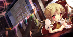 Rule 34 | 1girl, ascot, blonde hair, blush, cellphone, english text, engrish text, female focus, flandre scarlet, highres, kaisu, lying, no headwear, no headwear, on stomach, phone, ranguage, red eyes, school uniform, short hair, side ponytail, solo, text focus, embodiment of scarlet devil, thighhighs, touhou, wings