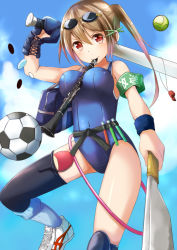 Rule 34 | 1girl, armband, bag, ball, baseball bat, between breasts, breasts, brown hair, chips (food), clarinet, food, gloves, goggles, goggles on head, instrument, knife, long hair, mouth hold, ok-ray, one-piece swimsuit, original, paddle, red eyes, school swimsuit, side ponytail, soccer ball, solo, swimsuit, table tennis paddle, telstar, tennis ball, thighhighs, whistle