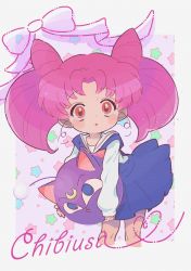 Rule 34 | 1girl, :o, bishoujo senshi sailor moon, bow, bowtie, character name, chibi usa, commentary, cone hair bun, cropped legs, cursive, double bun, dress, earrings, hair bun, heart, holding, jewelry, leaning forward, long hair, long sleeves, luna-p, medium dress, parted bangs, parted lips, pink bow, pink bowtie, pink eyes, pink hair, sailor dress, shirt, solo, star (symbol), starry background, twintails, ueda kou, white shirt