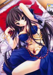 Rule 34 | 1girl, absurdres, bed, belly chain, black hair, breasts, cleavage, covered erect nipples, gypsy, highres, jewelry, large breasts, looking at viewer, lying, midriff, miyama-zero, navel, on side