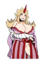 Rule 34 | 1girl, absurdres, bare shoulders, blonde hair, blush, breasts, chain, cleavage, collarbone, commentary request, cowboy shot, cuffs, eyelashes, fingernails, highres, himajin noizu, horns, hoshiguma yuugi, japanese clothes, kimono, long hair, long sleeves, looking at viewer, lower teeth only, no panties, off shoulder, oni, open mouth, partially undressed, pointy ears, ponytail, purple kimono, rope, see-through, see-through kimono, shackles, shimenawa, simple background, single horn, slit pupils, solo, standing, teeth, thighs, touhou, upper teeth only, white background, wide sleeves, yellow eyes