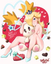 Rule 34 | 1girl, absurdres, blonde hair, blue bow, blue eyes, blue footwear, blue gemstone, blue ribbon, blush, bow, box, breasts, candy, checkerboard cookie, chocolate, chocolate heart, cookie, crown, earrings, english text, female focus, food, fruit, full body, gem, grey headwear, grin, hair flaps, hair over one eye, hand up, happy, happy valentine, heart, heart-shaped box, heart-shaped pupils, heart background, heart print, hershey&#039;s kisses, high heels, highres, holding, holding stuffed toy, jewelry, knees up, lipstick, long hair, looking at viewer, makeup, mario (series), medium breasts, mini crown, nintendo, nude, hugging object, one eye covered, outline, red gemstone, ribbon, rosalina, sarukaiwolf, shoes, sidelocks, sitting, smile, solo, star (symbol), star bunny, star earrings, stellated octahedron, strawberry, stuffed animal, stuffed rabbit, stuffed toy, super mario galaxy, symbol-shaped pupils, teeth, valentine, white outline