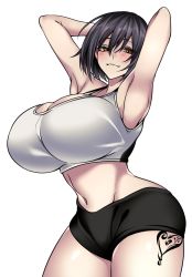 Rule 34 | 1girl, absurdres, armpits, arms behind head, black hair, blush, breasts, commentary, commission, cropped legs, english commentary, eyebrows hidden by hair, half-closed eyes, heart, heart tattoo, highres, huge breasts, hz (666v), leg tattoo, light smile, navel, original, short hair, short shorts, shorts, tank top, tattoo, thighs, white tank top, yellow eyes