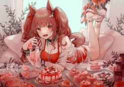 Rule 34 | 1girl, :d, angelina (arknights), angelina (summer flower) (arknights), animal ears, arknights, backlighting, bare shoulders, blush, bottle, bracelet, breasts, brown hair, cake, casual one-piece swimsuit, cleavage, collar, cup, drink, drinking glass, drinking straw, feet up, food, fox ears, fox girl, fox tail, full body, hair ribbon, highres, infection monitor (arknights), jewelry, long hair, looking at viewer, lying, medium breasts, miike (992058), necklace, official alternate costume, on stomach, one-piece swimsuit, open mouth, pillow, plate, red eyes, red one-piece swimsuit, red ribbon, ribbon, sandals, see-through, smile, solo, swimsuit, tail, the pose, twintails, white footwear