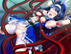 Rule 34 | 1girl, belt, blood, blue hair, boots, grabbing another&#039;s breast, breasts, censored, futaba aoi (vividred operation), gloves, grabbing, hat, kirisawa shinji, large breasts, nipples, rape, restrained, screaming, suspension, tears, tentacles, torn clothes, vaginal, defloration, vividred operation