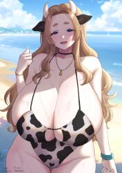 Rule 34 | 1girl, animal ears, animal print, beach, blonde hair, blue eyes, borrowed character, breasts, cleavage, cow ears, cow girl, cow horns, cow print, cowbell, eyelashes, female focus, heart, highres, horns, huge breasts, light brown hair, ocean, one-piece swimsuit, open mouth, original, pale skin, saitou touko, sand, solo, standing, swimsuit, thick thighs, thighs, wet, wide hips