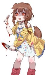 Rule 34 | 1girl, :3, :d, animal collar, animal ears, blood, bloody weapon, bow (bhp), braid, breasts, brown eyes, brown hair, censored, censored violence, cleavage, coat, collar, dog ears, dog girl, dog tail, dress, glowing, glowing eyes, hand up, holding, holding knife, hololive, inugami korone, inugami korone (1st costume), knife, leaning forward, leg warmers, long hair, looking at viewer, medium breasts, mosaic censoring, off-shoulder coat, off shoulder, open clothes, open coat, open mouth, short dress, simple background, smile, solo, standing, tail, twin braids, virtual youtuber, weapon, white background, white dress, wristband, yellow coat
